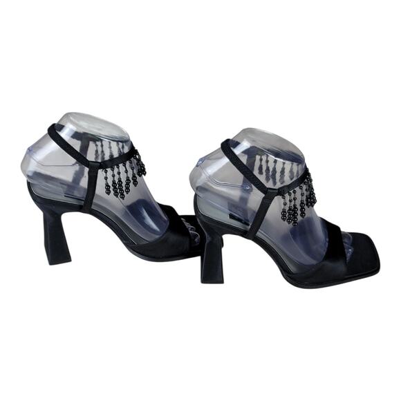 9&Co P-Shake Black Beaded Fringe Heels Square Toe Sandals Women’s Size 7M‎ - Picture 6 of 9